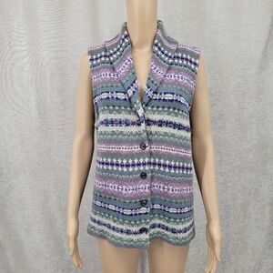 Chaps Fair Isle Purple Green Multicolor Knit Button Up Sweater Vest Shawl Collar